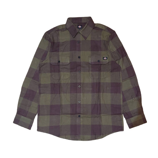 Dickies Long Sleeve Flannel Shirt Dark Olive Buffalo Plaid