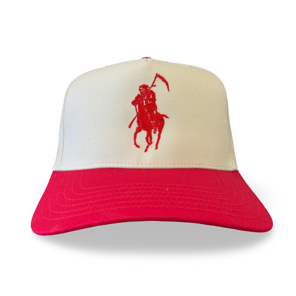 Red and beige cap with a logo on a white background