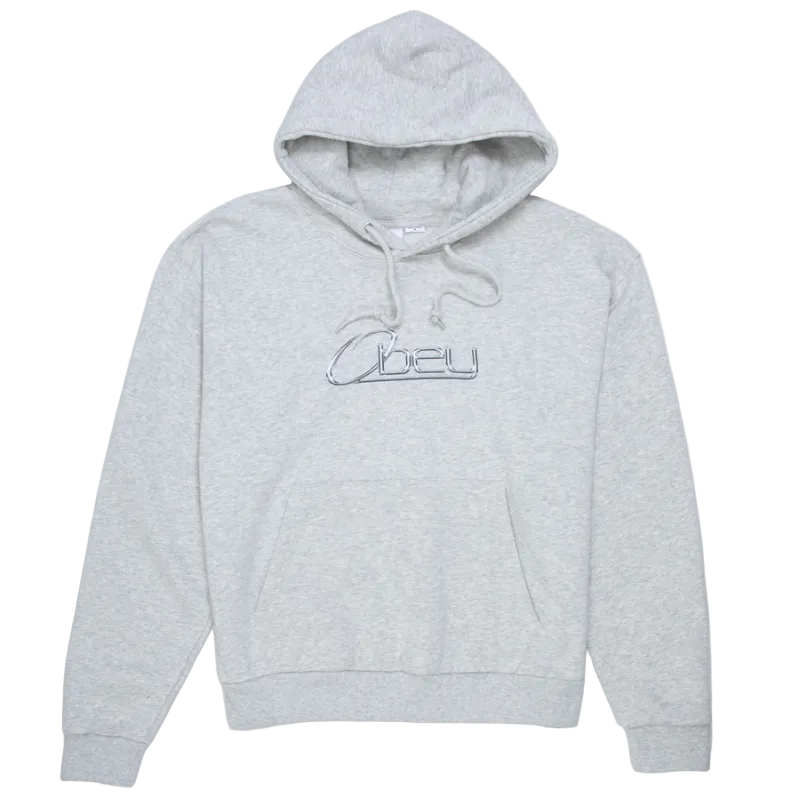 A light gray heather pullover hoodie with a front kangaroo pocket and a metallic silver outlined 'Cheu' logo on the chest, displayed flat against a light gray background.