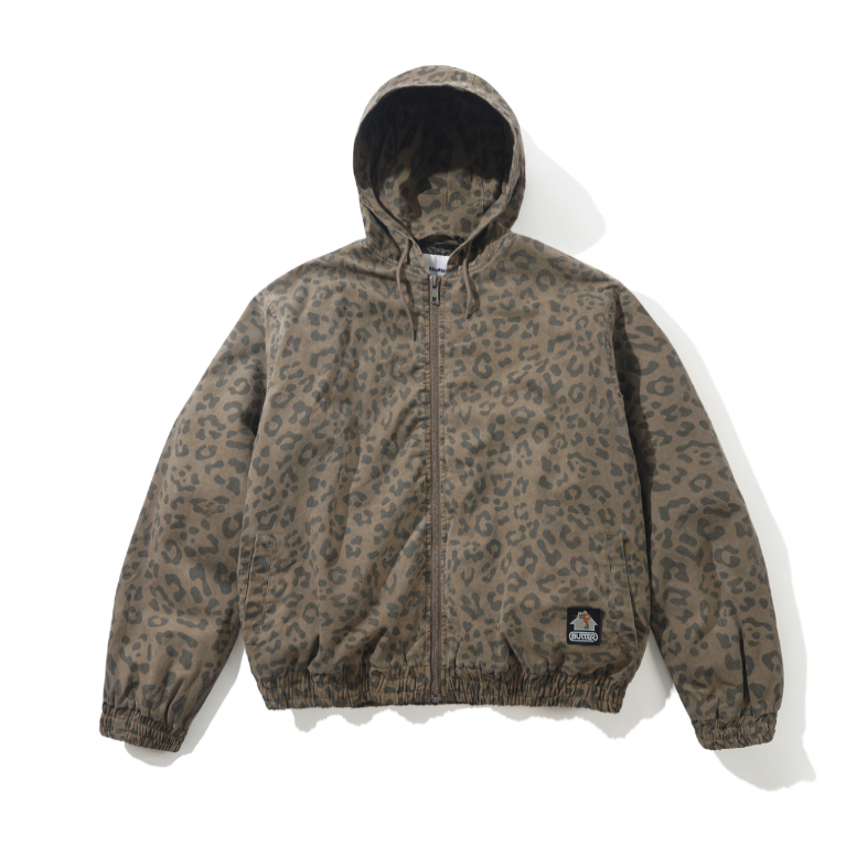 A hooded zip-up jacket with a brown and beige leopard print pattern, displayed flat against a white background.